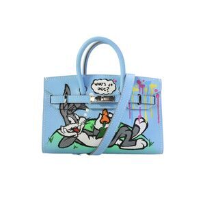 Hermes Womens Hand Painted Epsom Leather Micro Birkin 15 Handbag Blue White